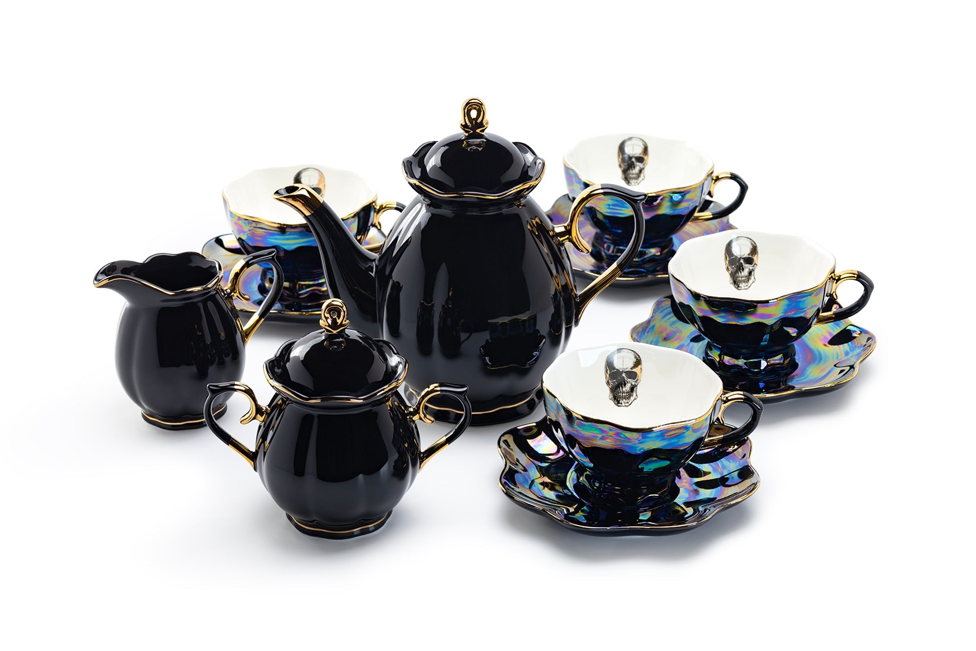 Black Gold Teapot + Sugar Creamer + 4 Skull Black Gold Luster Tea Cup and Saucer Sets
