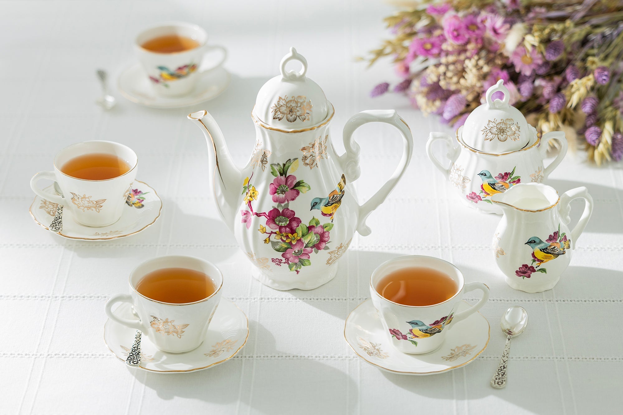 Spring Flowers with Bird Fine Porcelain 11-Piece Mini Tea Set