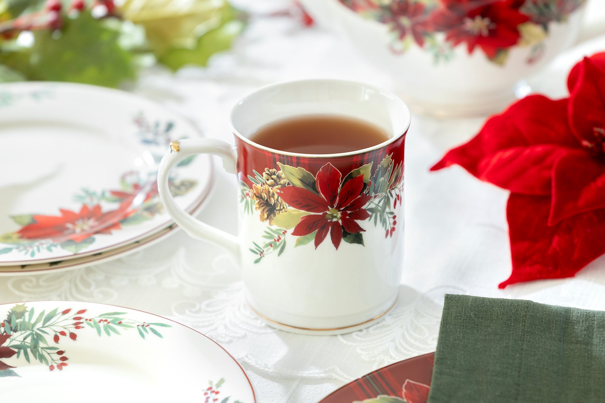 Poinsettia Pine Cone Fine Porcelain Mug