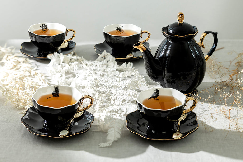 Black Gold Scallop Teapot + 4 Assorted Halloween Tea Cup and Saucer Sets - Ver. B