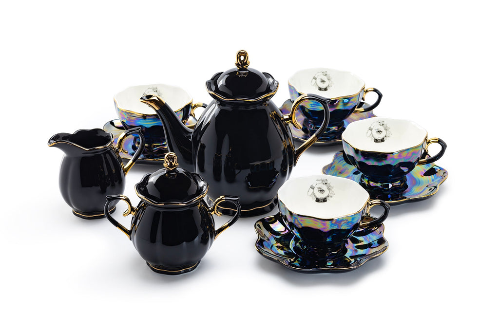 Black Gold Teapot + Sugar Creamer + 4 Witchy Crystal Ball Black Gold Luster Tea Cup and Saucer Sets