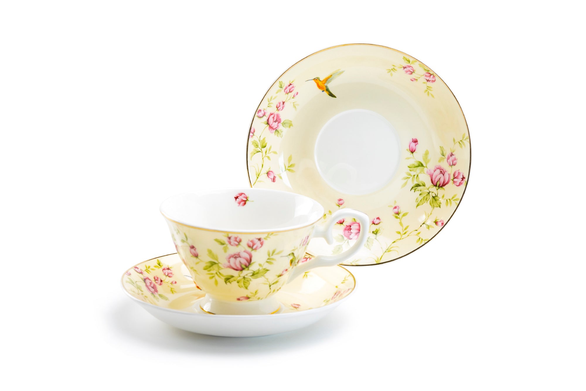 Rose Bud with Hummingbird Yellow Bone China Tea Cup and Saucer