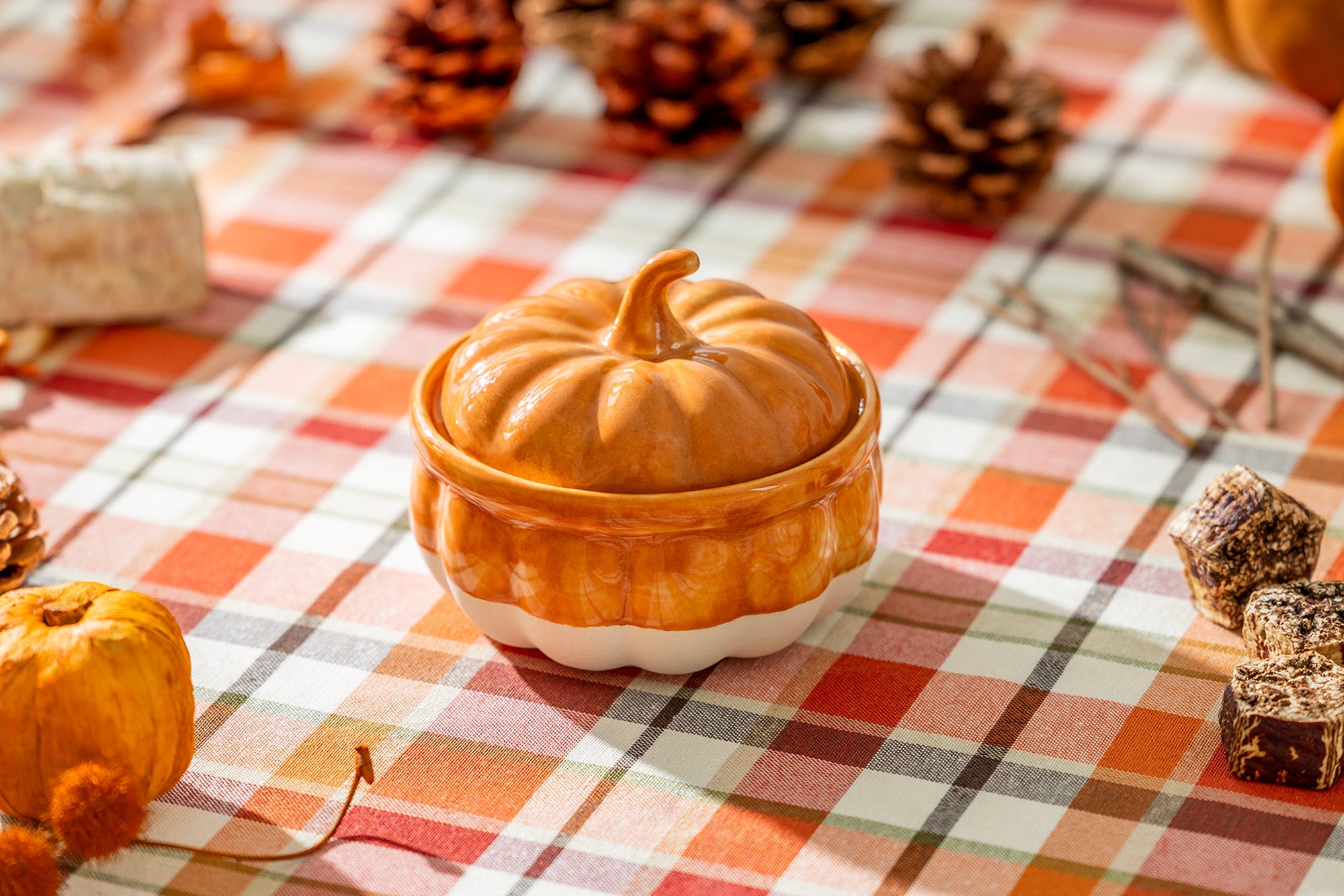 Orange Pumpkin Figural Reactive Glazed Bowl with Lid