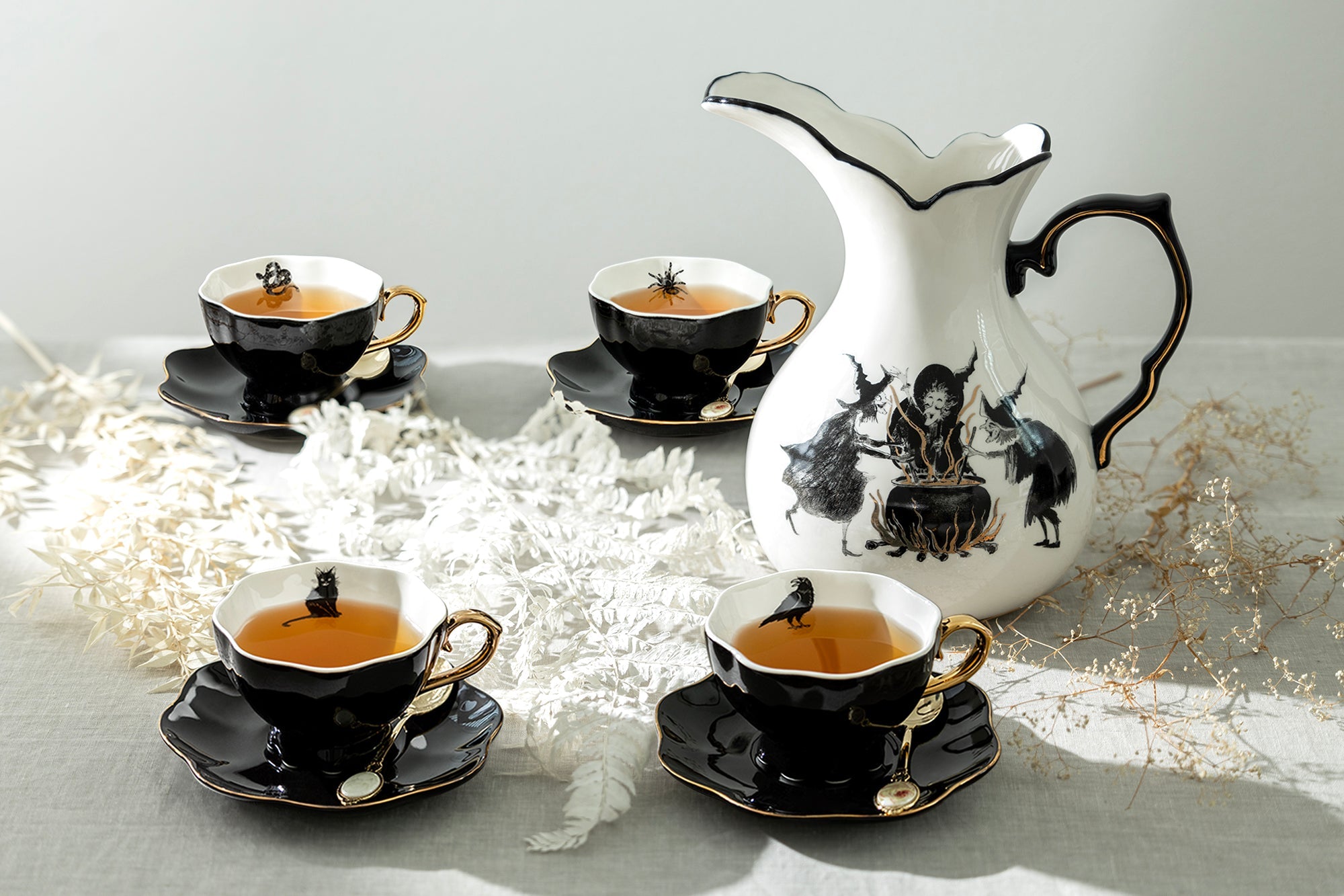 Witches Brew Pitcher + 4 Assorted Halloween Tea Cup and Saucer Sets - Ver. B