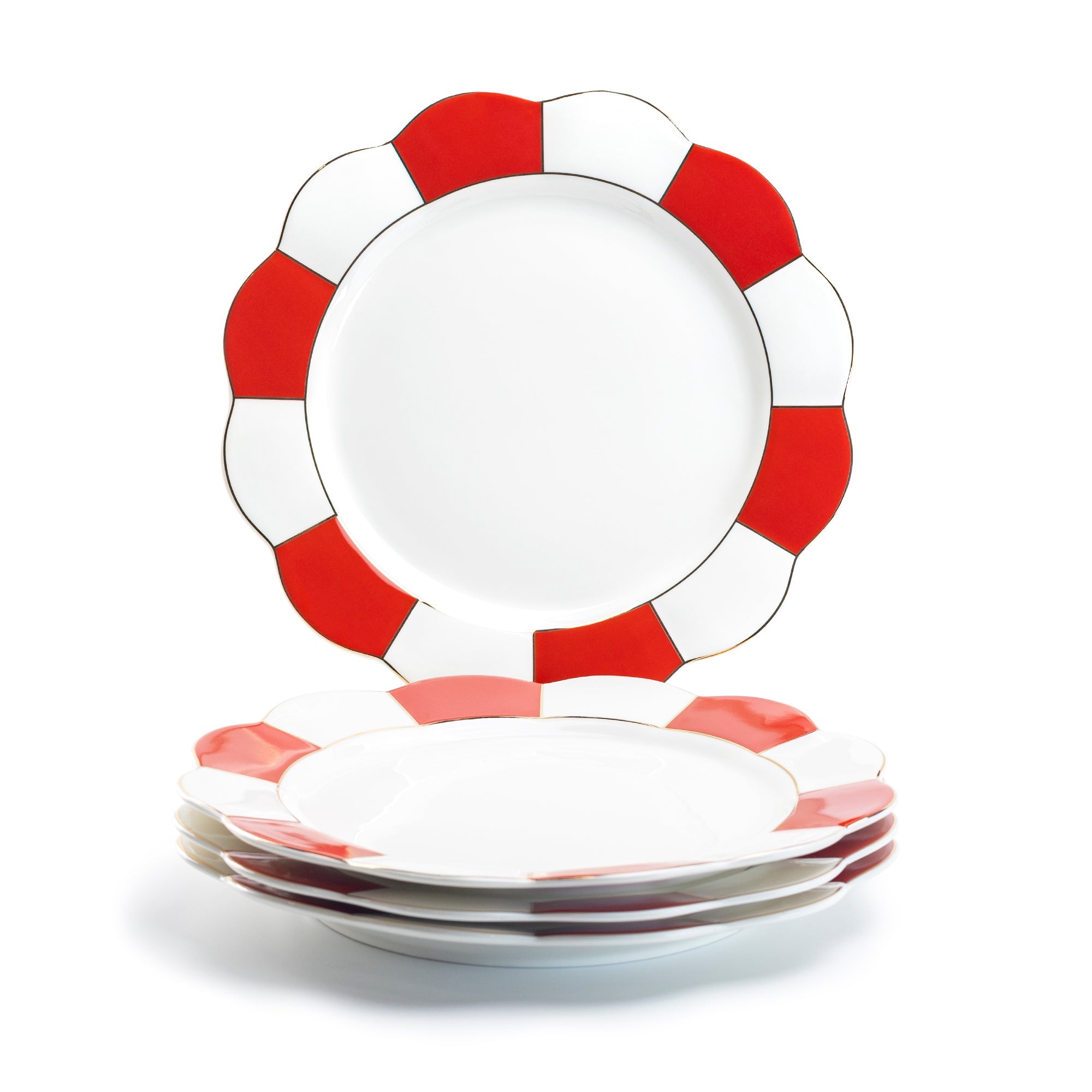 Red and White Scallop Fine Porcelain Dessert/Dinner Plate