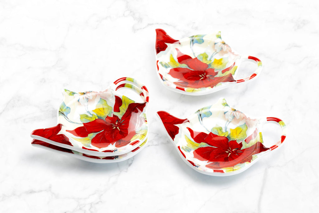 Poinsettia Fine Porcelain Tea Bag Holder Set of 4