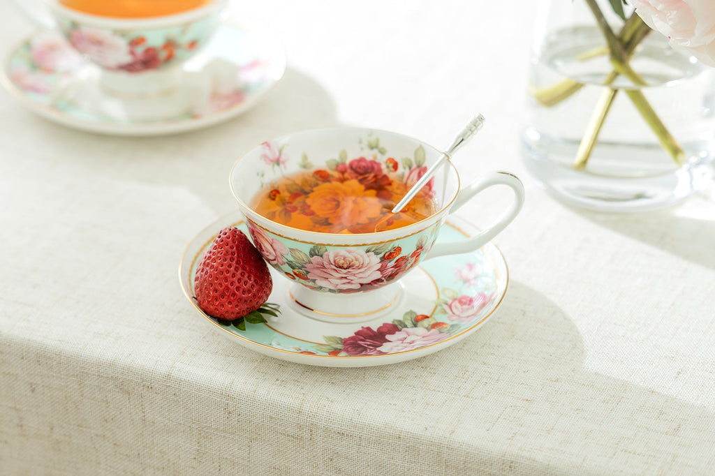 Peony and Strawberry Mint Bone China Tea Cup and Saucer