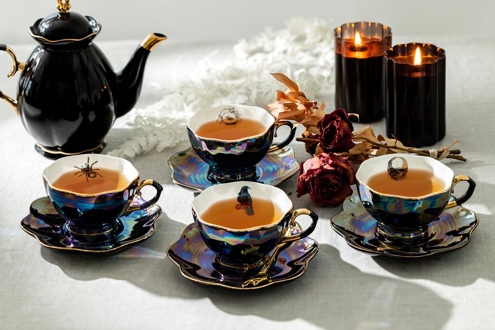4 Assorted Halloween Black Gold Luster Tea Cup and Saucer Sets - Crow, Spider, Skull, Witchy Crystal Ball