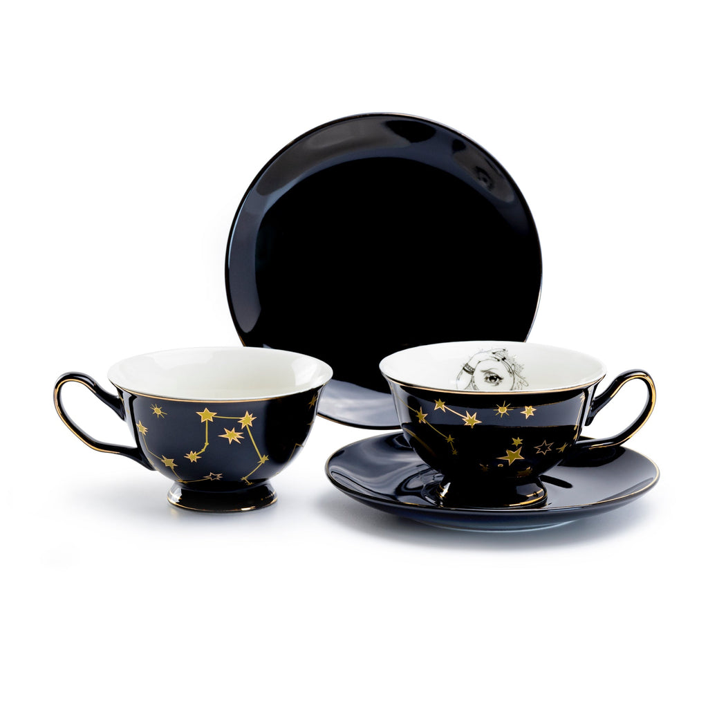 Witchy Crystal Ball Astrology Black Gold Tea Cup and Saucer - CLEARANCE