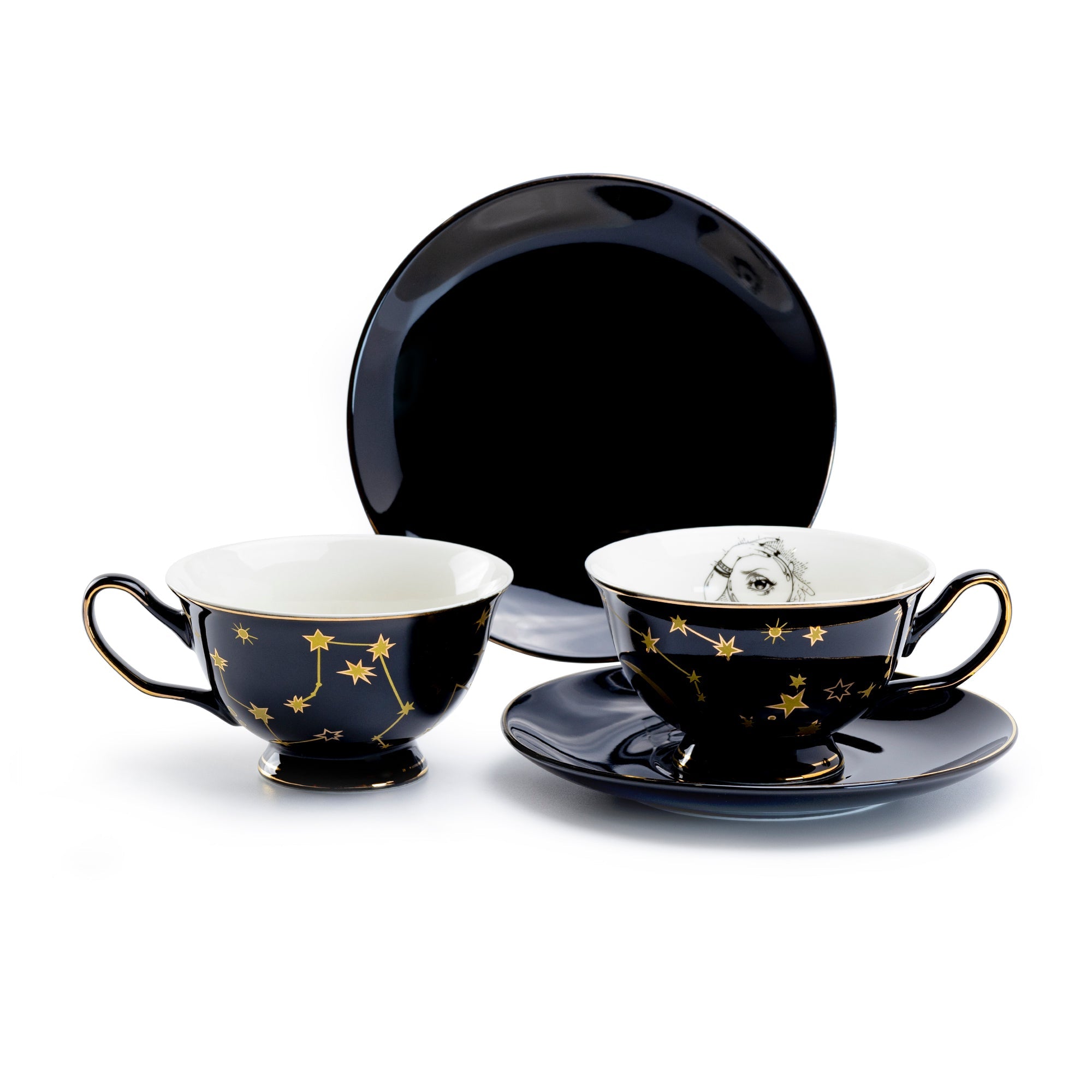 Witchy Crystal Ball Astrology Black Gold Tea Cup and Saucer