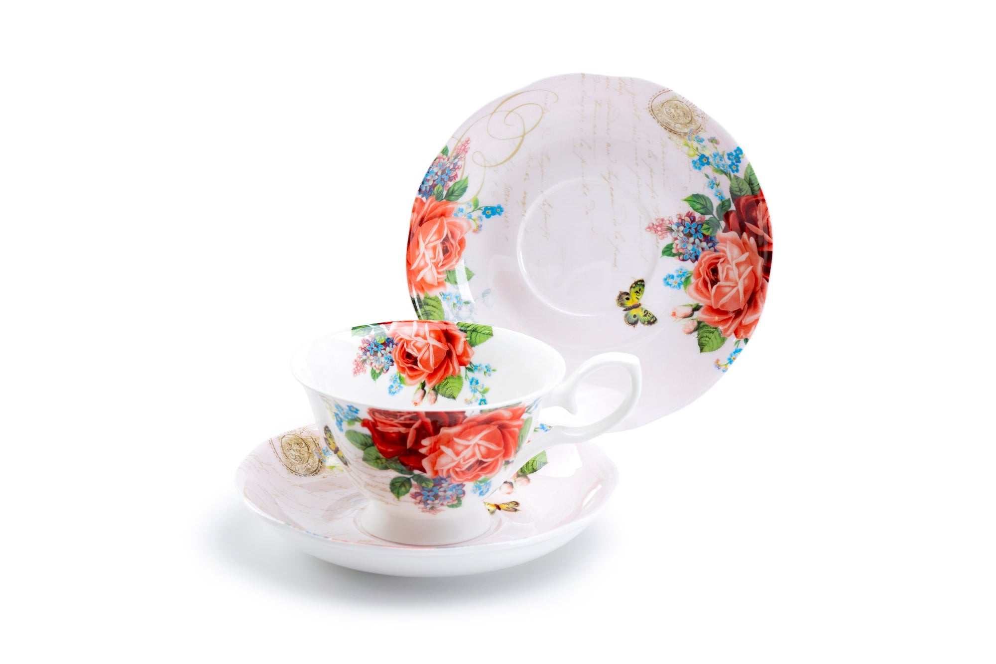Red Rose Garden Bone China Tea Cup and Saucer