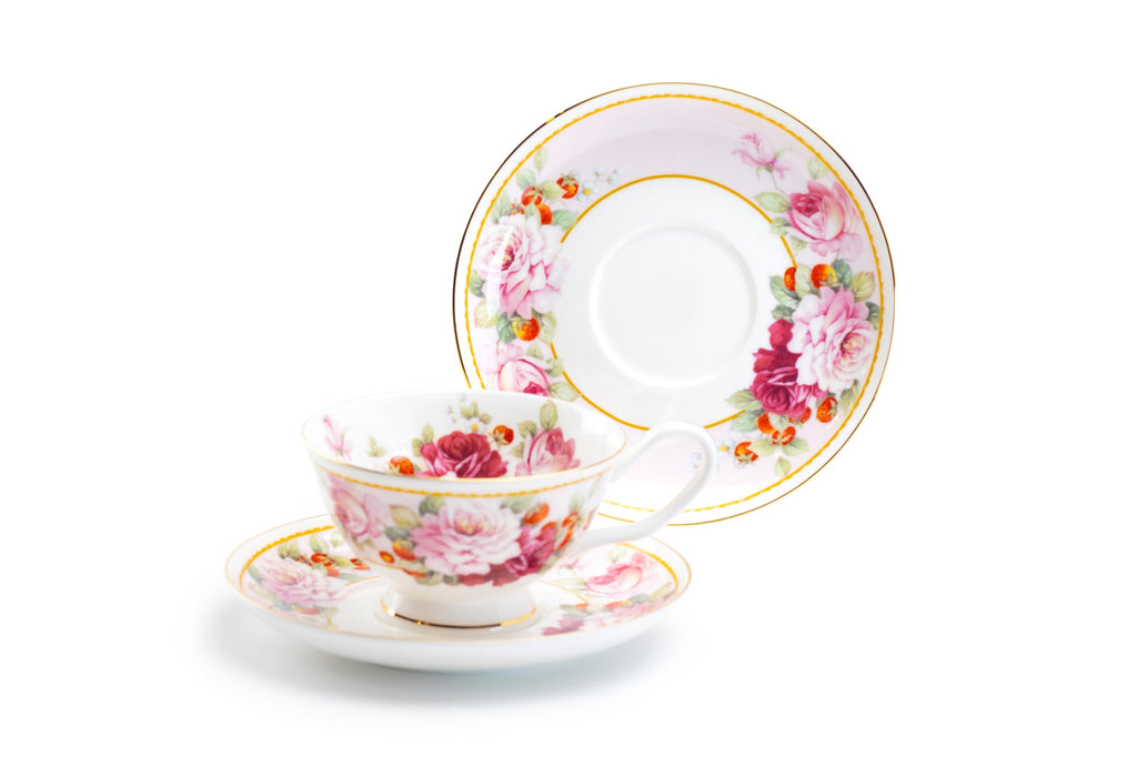 Peony and Strawberry Pink Bone China Tea Cup and Saucer