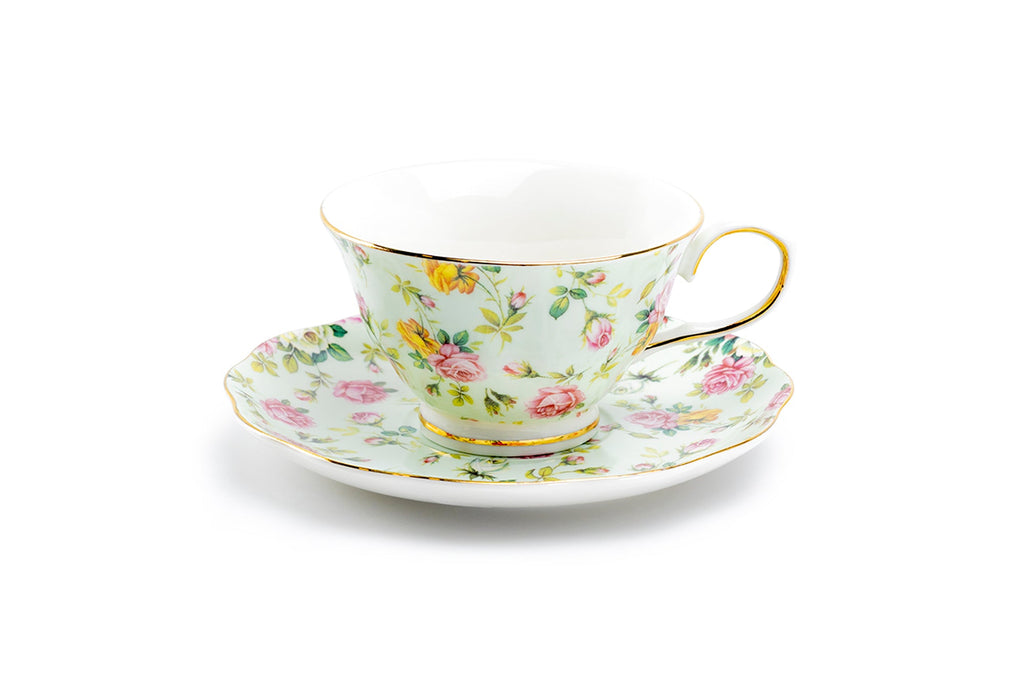 Blue Cottage Rose Chintz Fine Porcelain Tea Cup and Saucer