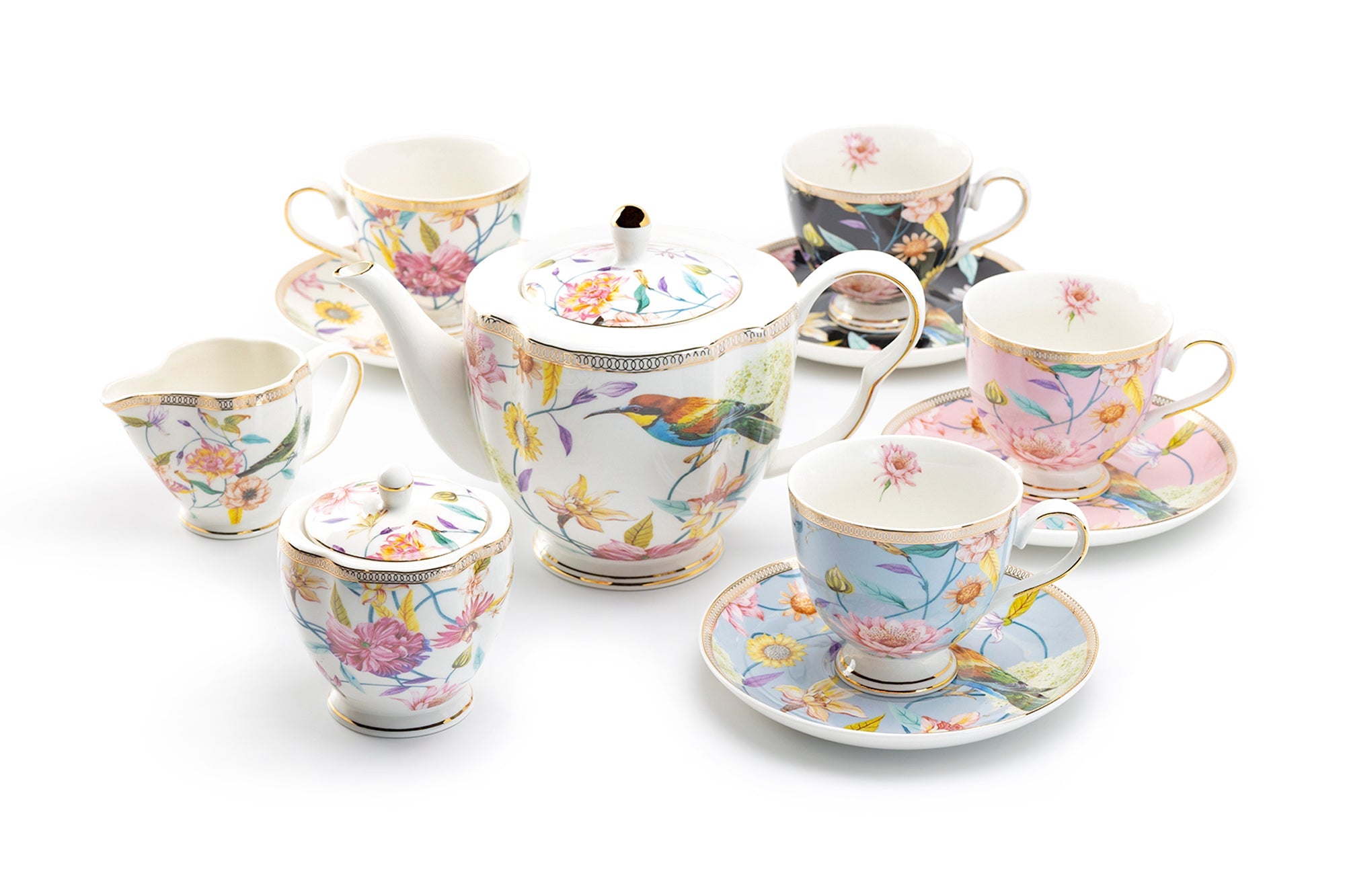 Spring Flowers with Hummingbird Assorted Color Cups Fine Porcelain Tea Set