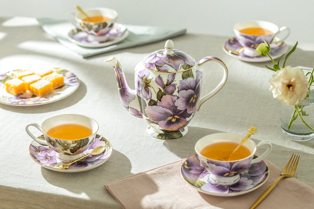 Purple Gold Pansy Bone China 9-Piece Tea Set