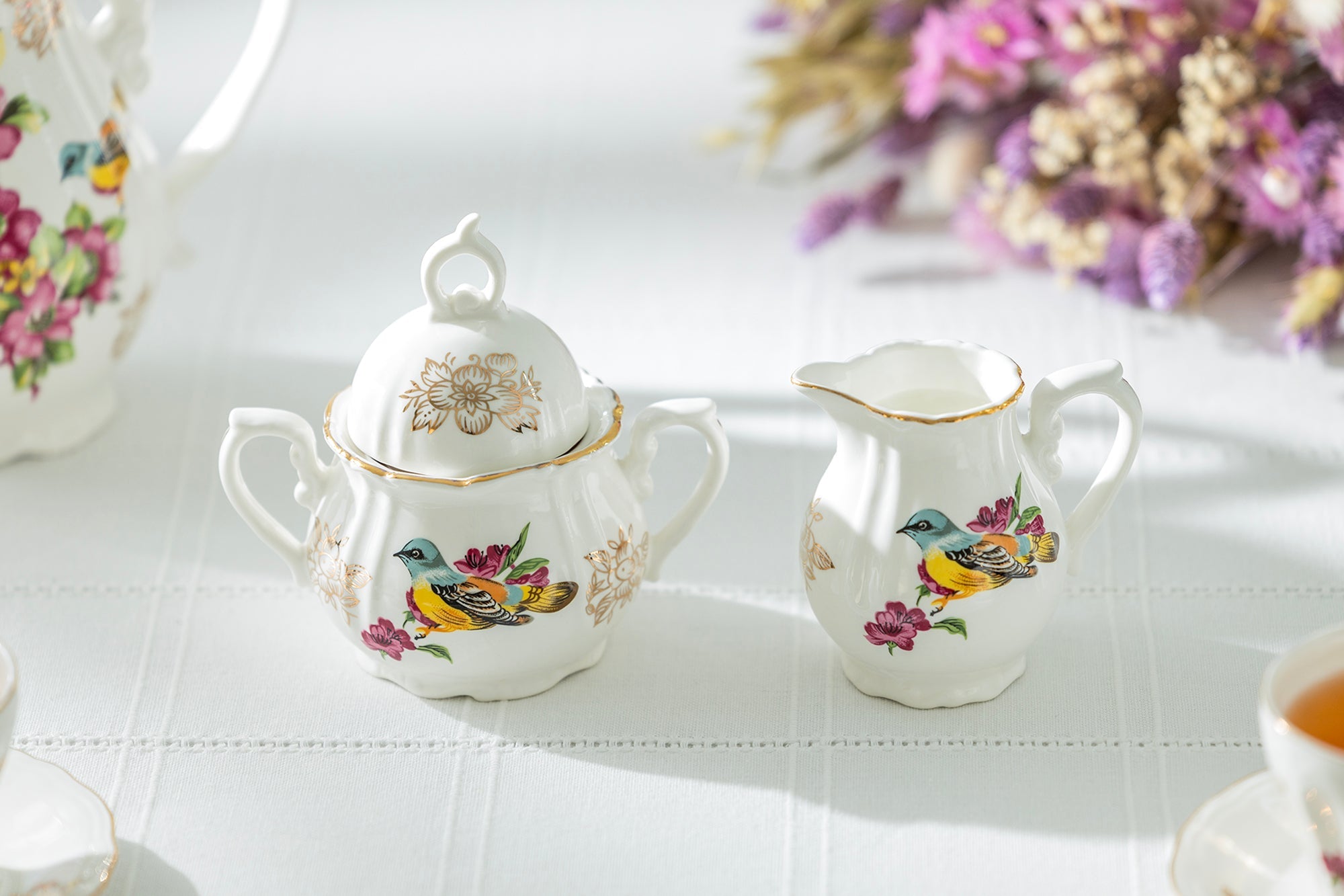 Spring Flowers with Bird Fine Porcelain Mini Sugar & Creamer Set