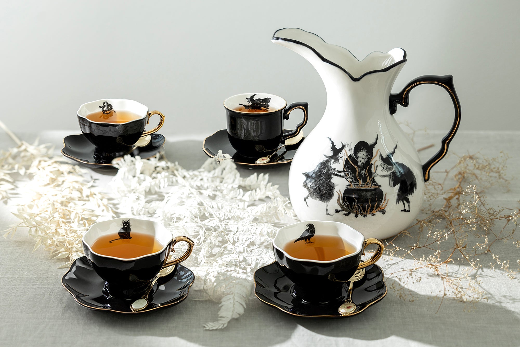 Witches Brew Pitcher + 4 Assorted Halloween Tea Cup and Saucer Sets - Ver. A