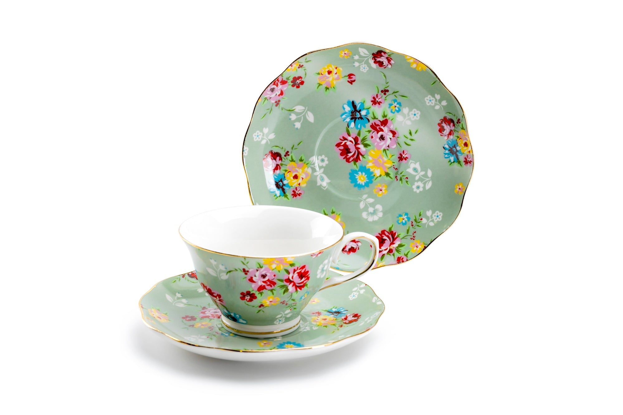Green Shabby Rose Fine Porcelain Tea Cup and Saucer