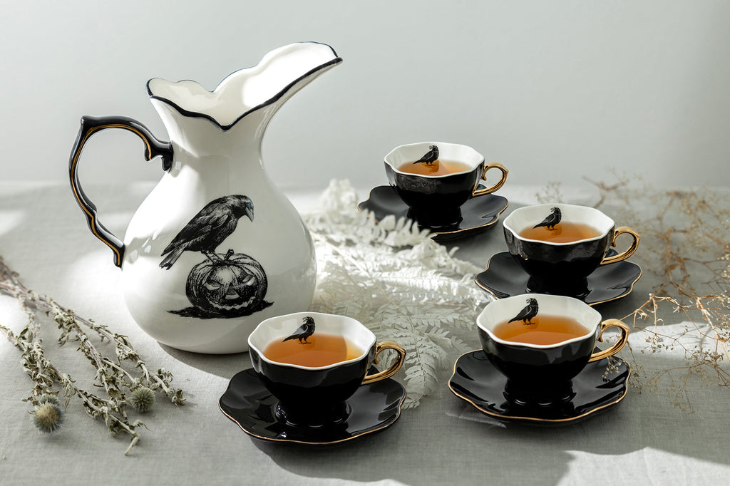 Witches Brew Pitcher + 4 Raven Tea Cup and Saucer Sets