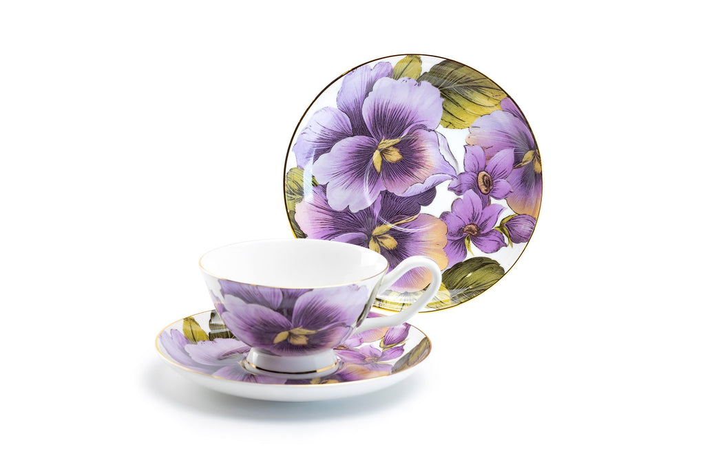 Purple Gold Pansy Bone China Tea Cup and Saucer