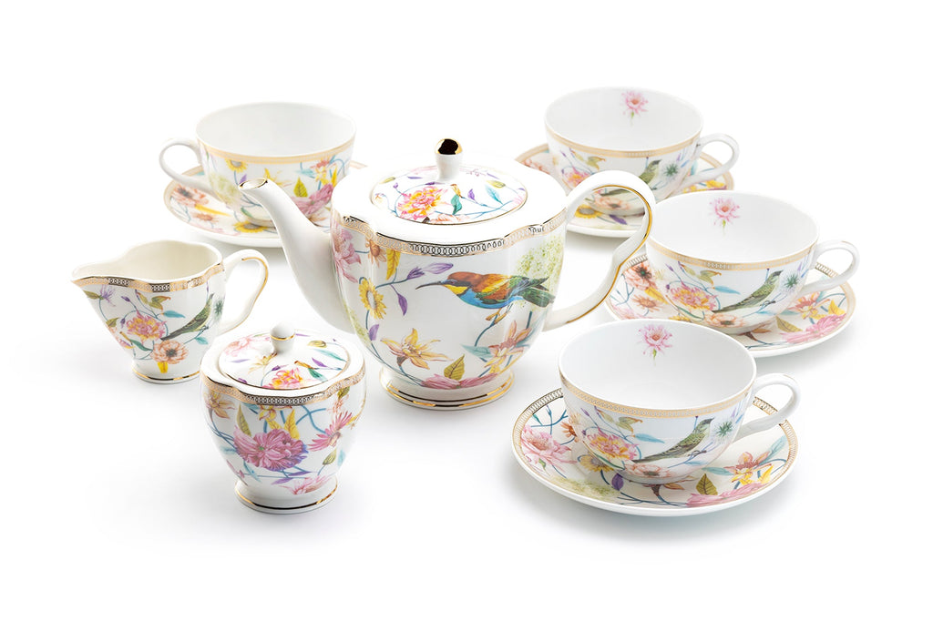 Spring Flowers with Hummingbird Fine Porcelain Latte Cups Tea Set