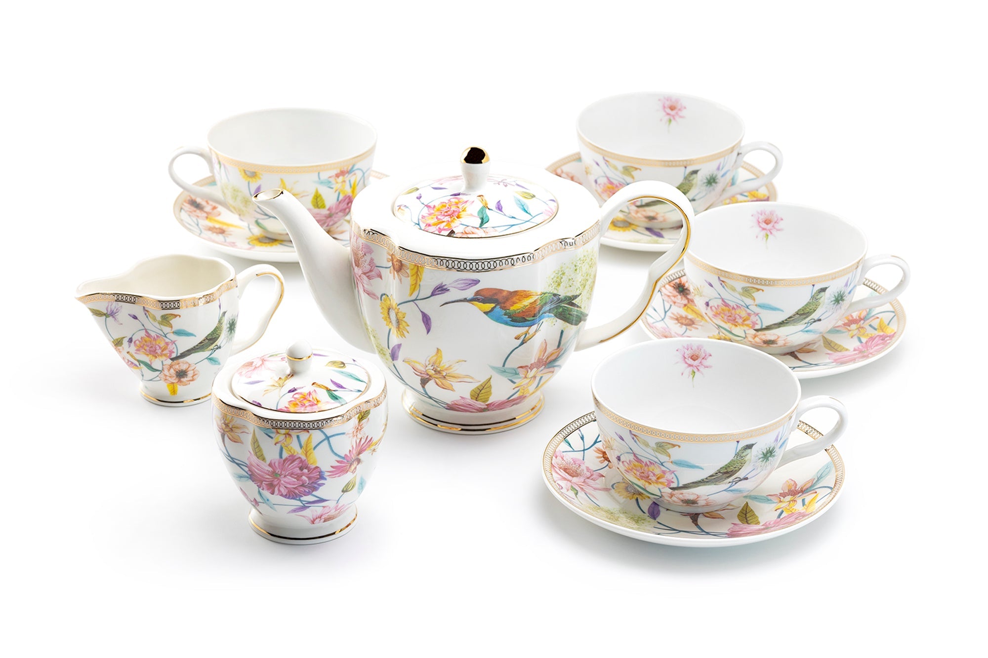 Spring Flowers with Hummingbird Fine Porcelain Latte Cups Tea Set