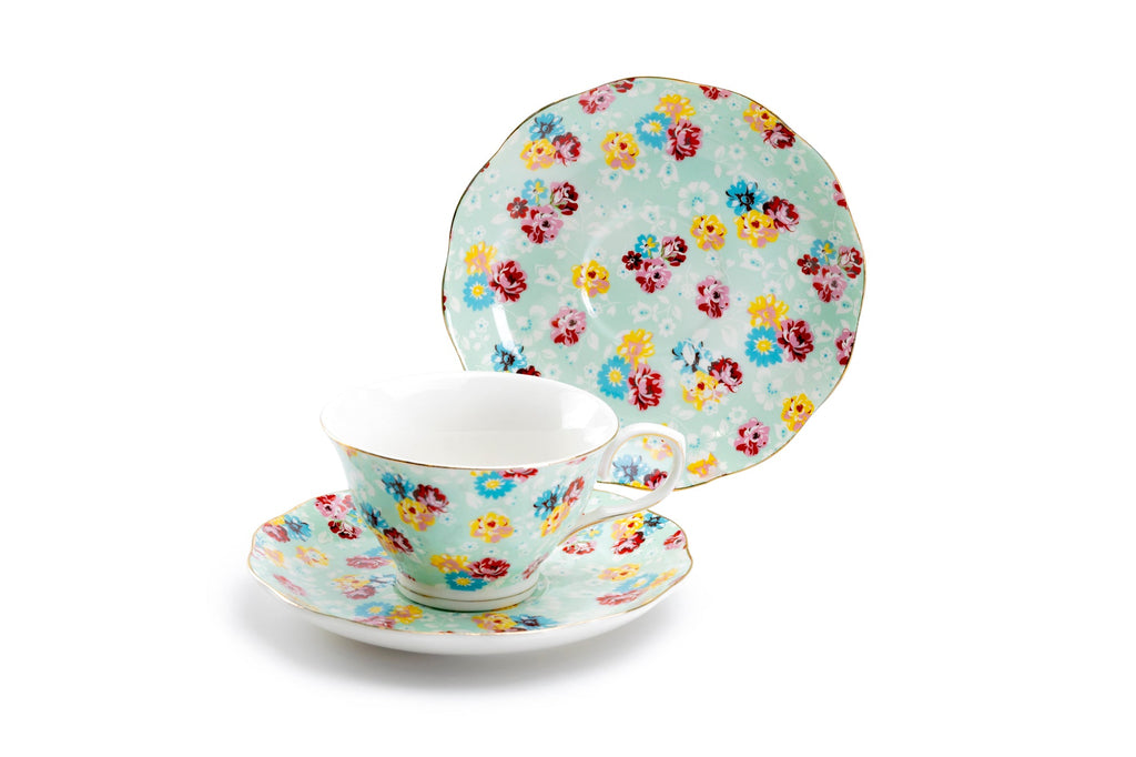 Blue Shabby Rose Fine Porcelain Tea Cup and Saucer