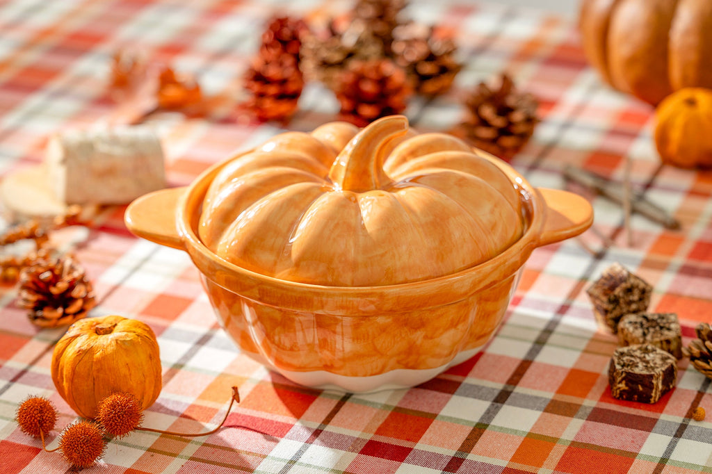Orange Pumpkin Figural Reactive Glazed Baking Dish with Lid - Medium Size