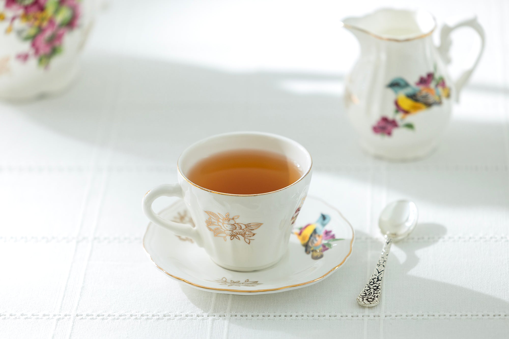 Spring Flowers with Bird Fine Porcelain Mini Tea Cup and Saucer