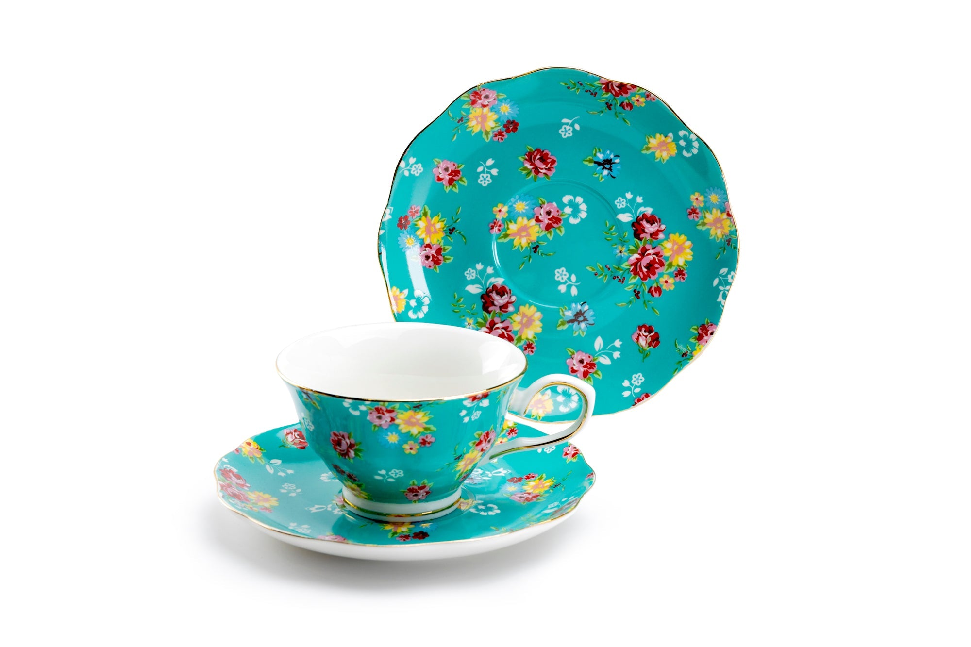 Turquoise Shabby Rose Fine Porcelain Tea Cup and Saucer