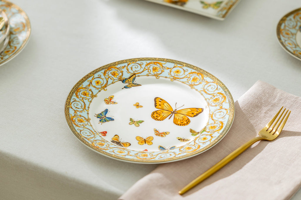 Butterflies with Blue Ornament Fine Porcelain Dessert/Dinner Plate