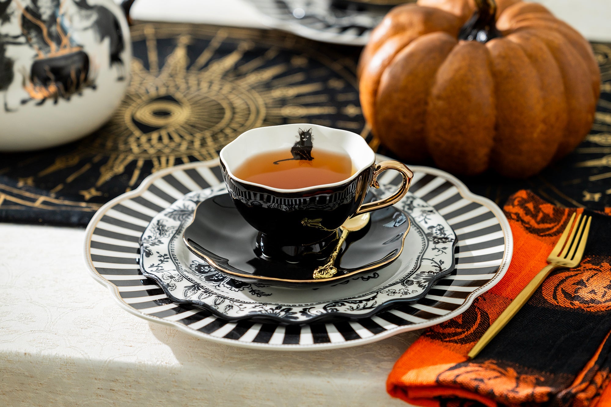 4 Assorted Halloween Tea Cup and Saucer Sets - Raven, Cat, Snake, Spider