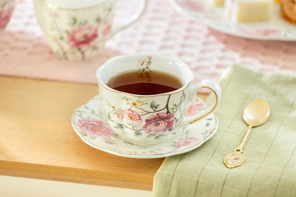 Pink Camellia Scallop Fine Porcelain Tea Cup and Saucer