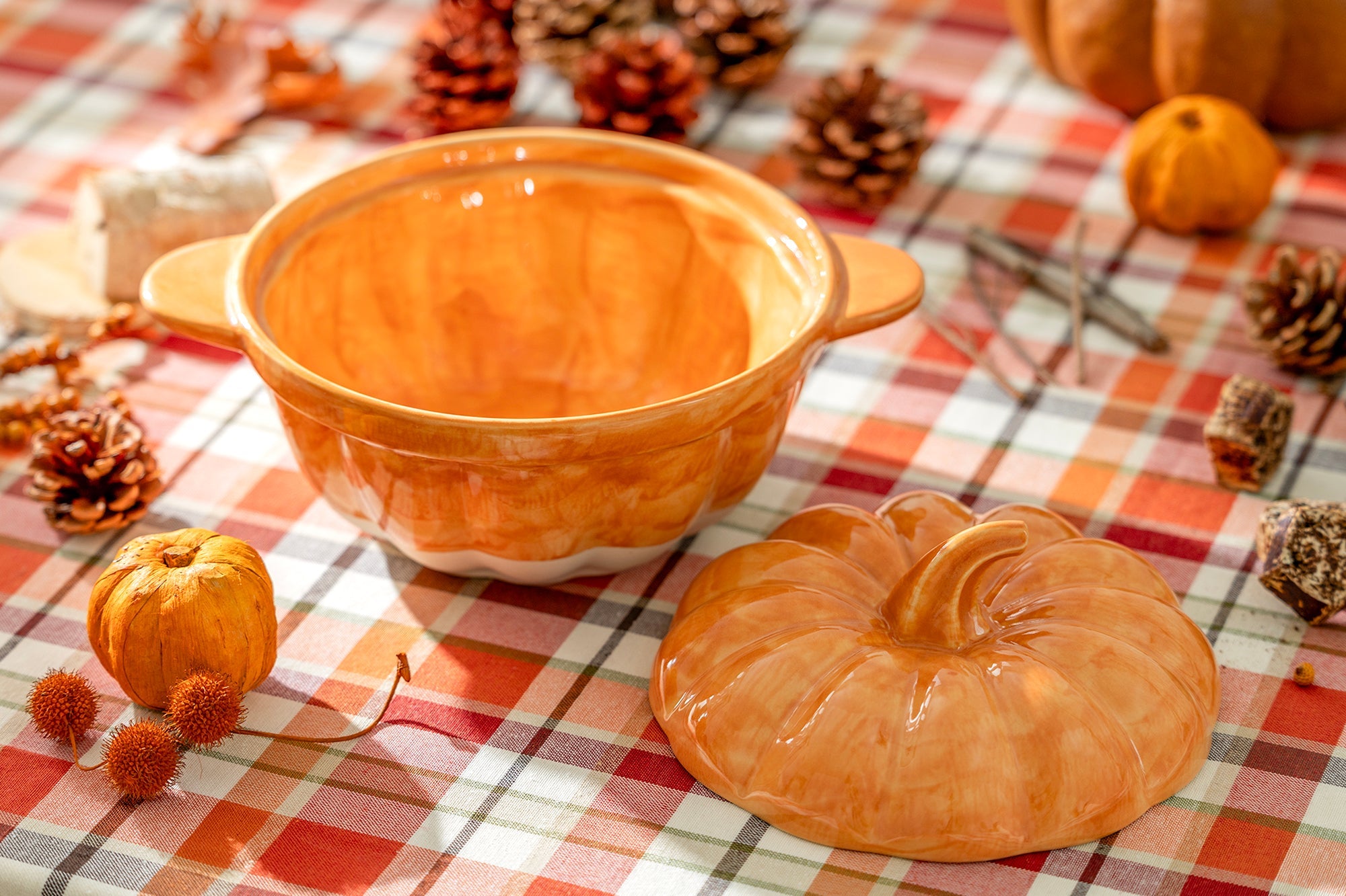 Orange Pumpkin Figural Reactive Glazed Baking Dish with Lid - Medium Size