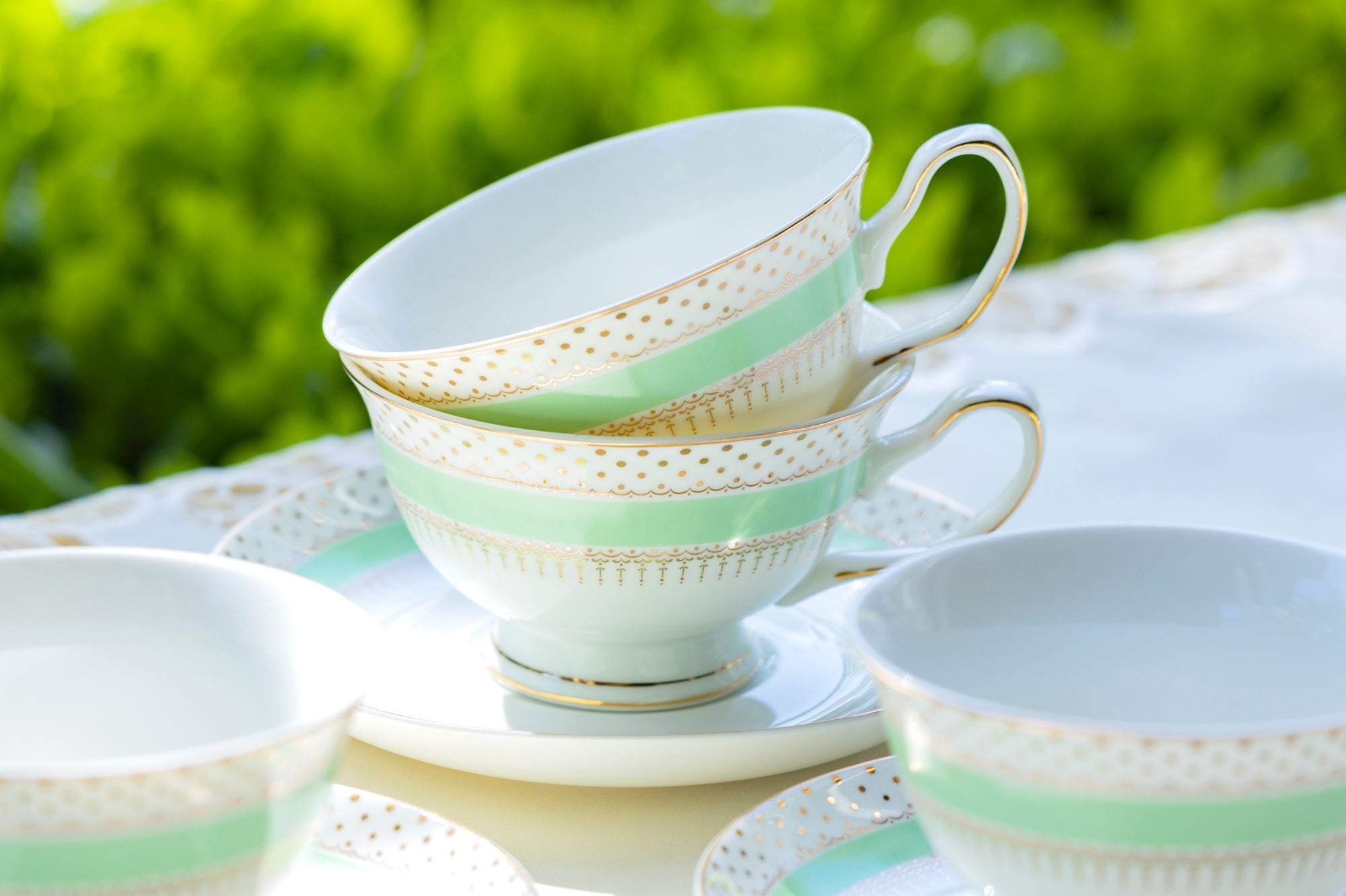 Mint Green Stripe with Gold Dots Fine Porcelain Tea Cup and Saucer