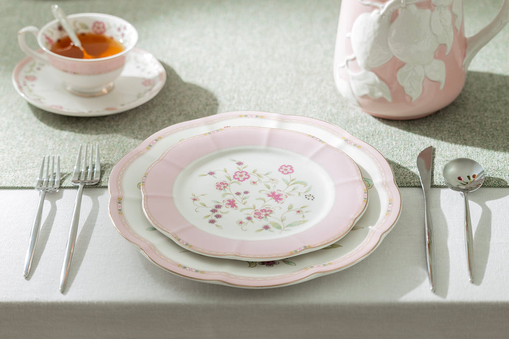 Pink Corn Flowers with Pink Rim Fine Porcelain Dessert/Dinner Plate