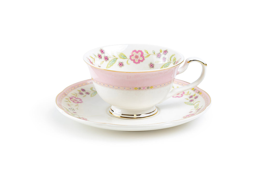 Pink Corn Flowers with Pink Rim Fine Porcelain Tea Cup and Saucer