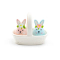 Pink and Blue Egg Bunnies with White Basket Ceramic Salt and Pepper Shaker Set