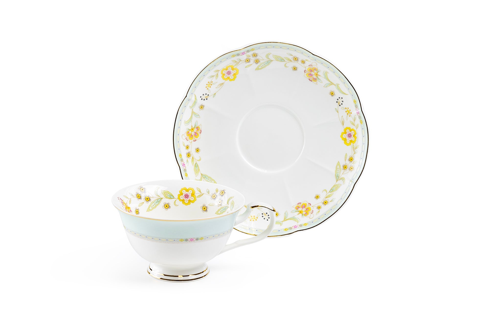 Yellow Corn Flowers with Mint Rim Fine Porcelain Tea Cup and Saucer