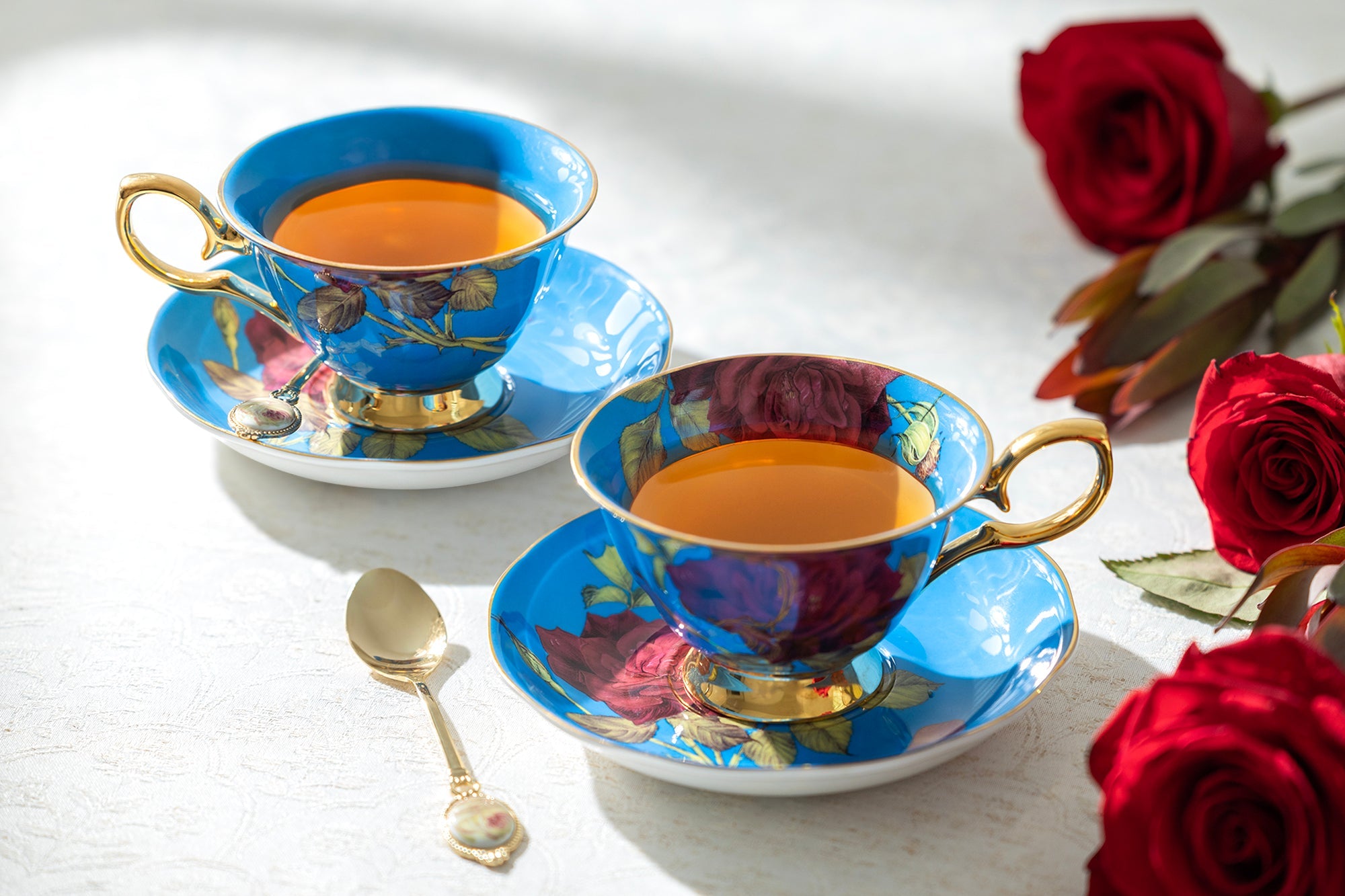 Gold Blue Stem Rose Bone China Tea Cup and Saucer