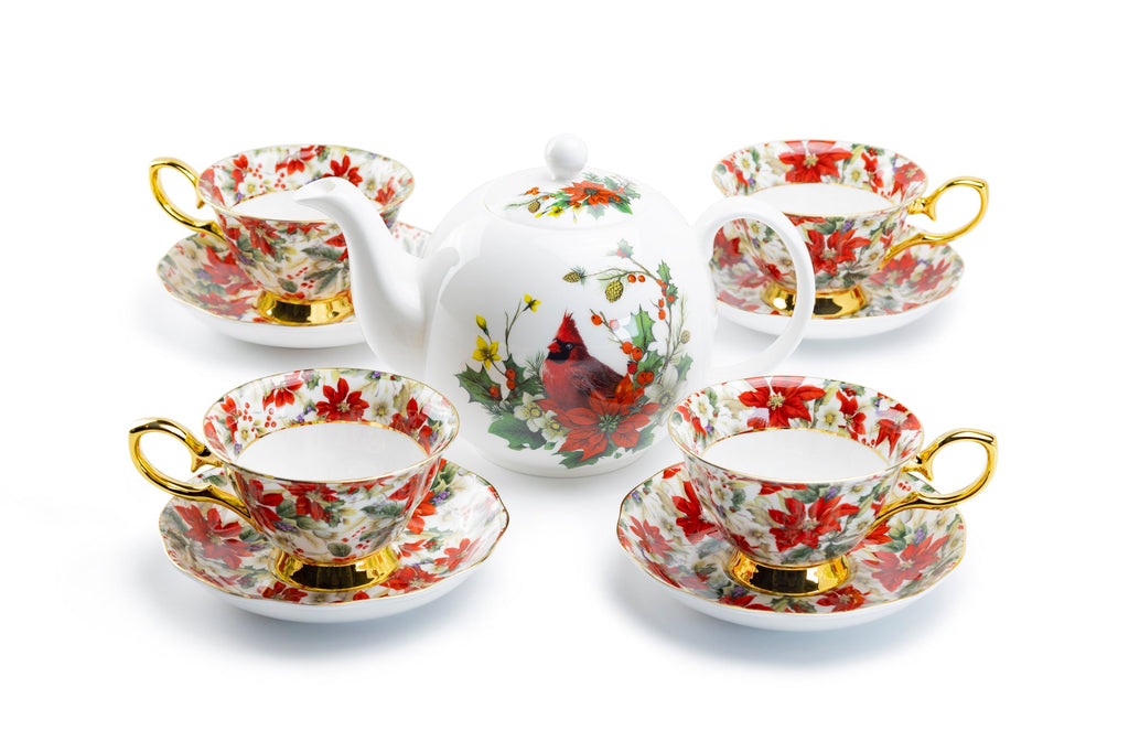 Cardinal Poinsettia Chintz Gold Bone China Tea Set