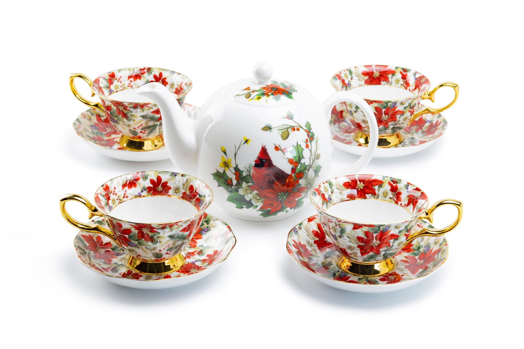 Cardinal Poinsettia Chintz Gold Bone China Tea Set