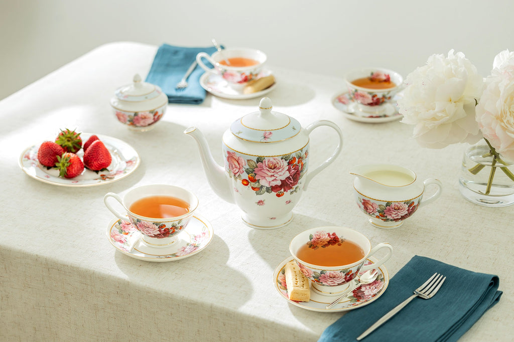 Peony and Strawberry Blue Bone China 11-Piece Tea Set