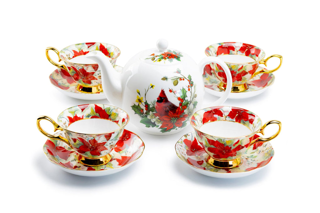 Cardinal Poinsettia Gold Bone China Tea Set
