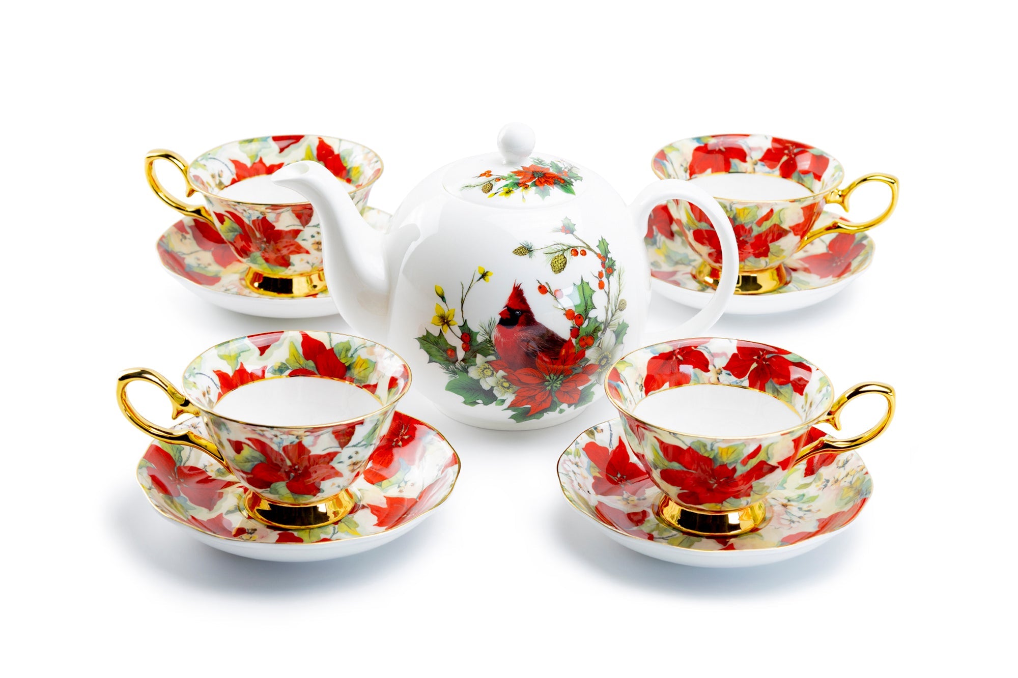 Cardinal Poinsettia Gold Bone China Tea Set