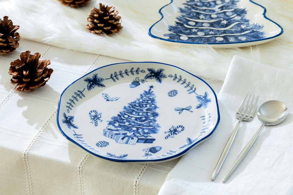 Blue Holly Christmas Tree Dessert/Dinner Plate