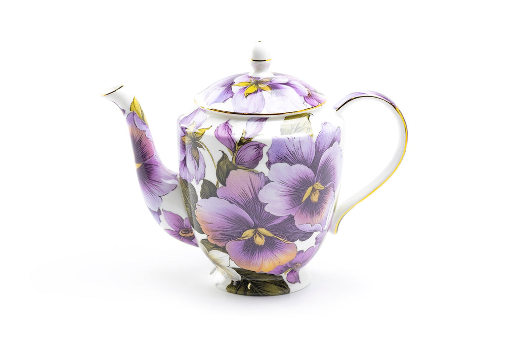 Purple Gold Pansy Bone China Teapot