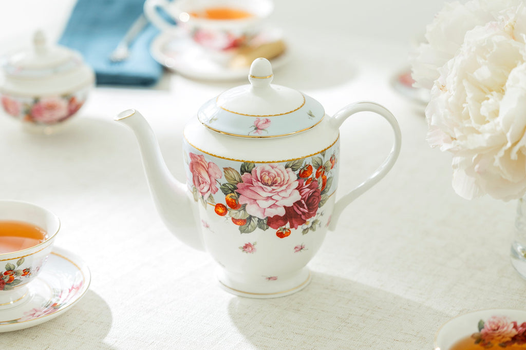 Peony and Strawberry Blue Bone China Teapot - CLEARANCE