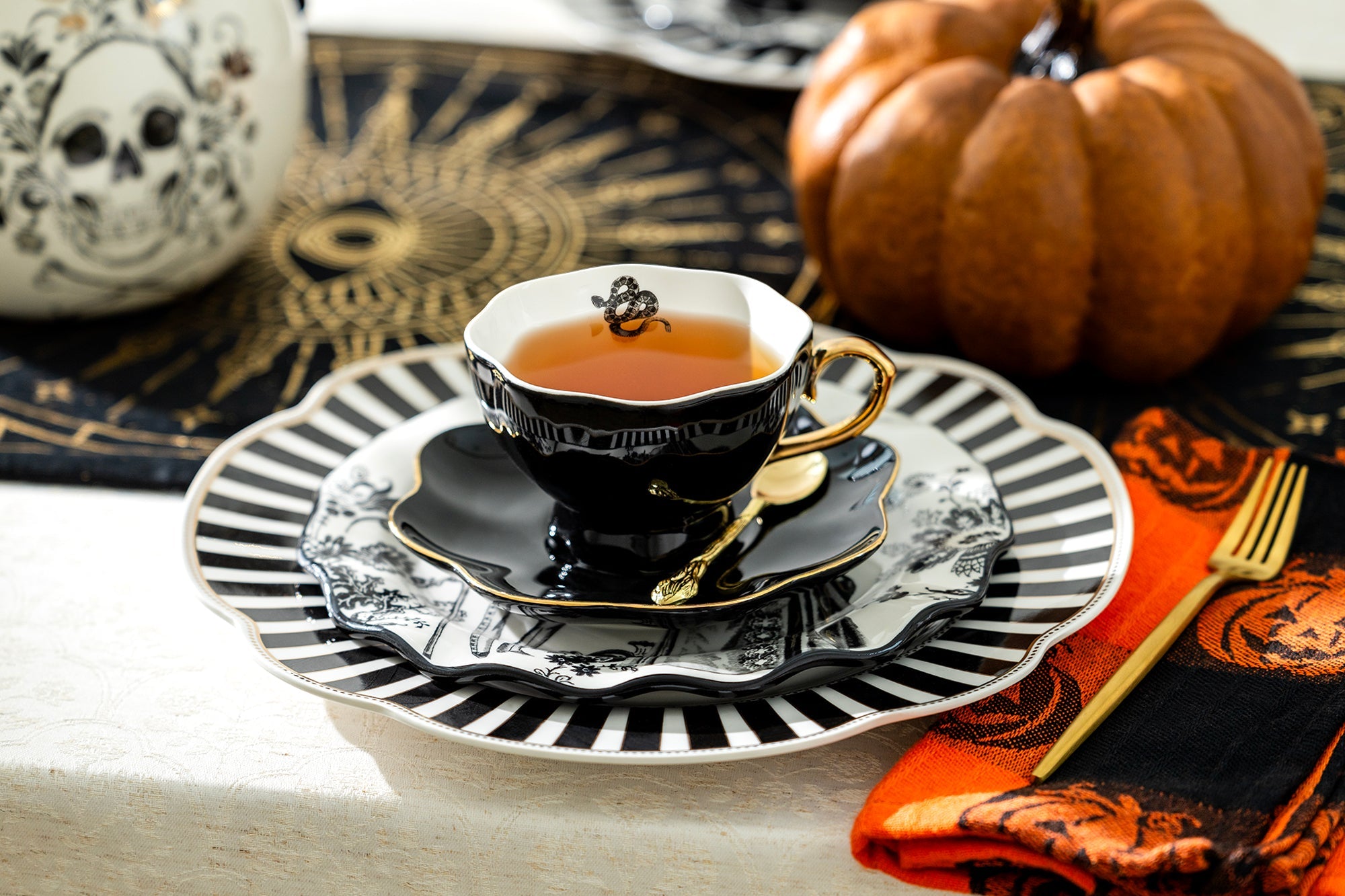 4 Assorted Halloween Tea Cup and Saucer Sets - Raven, Cat, Snake, Spider