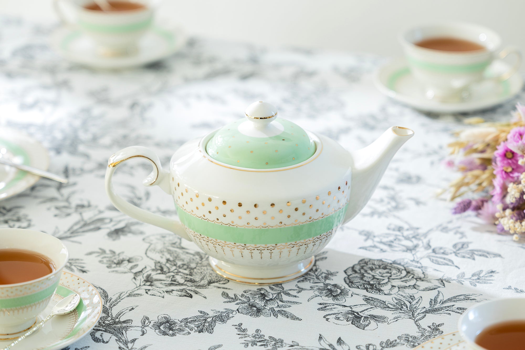 Mint Green Stripe with Gold Dots Fine Porcelain Tea Set